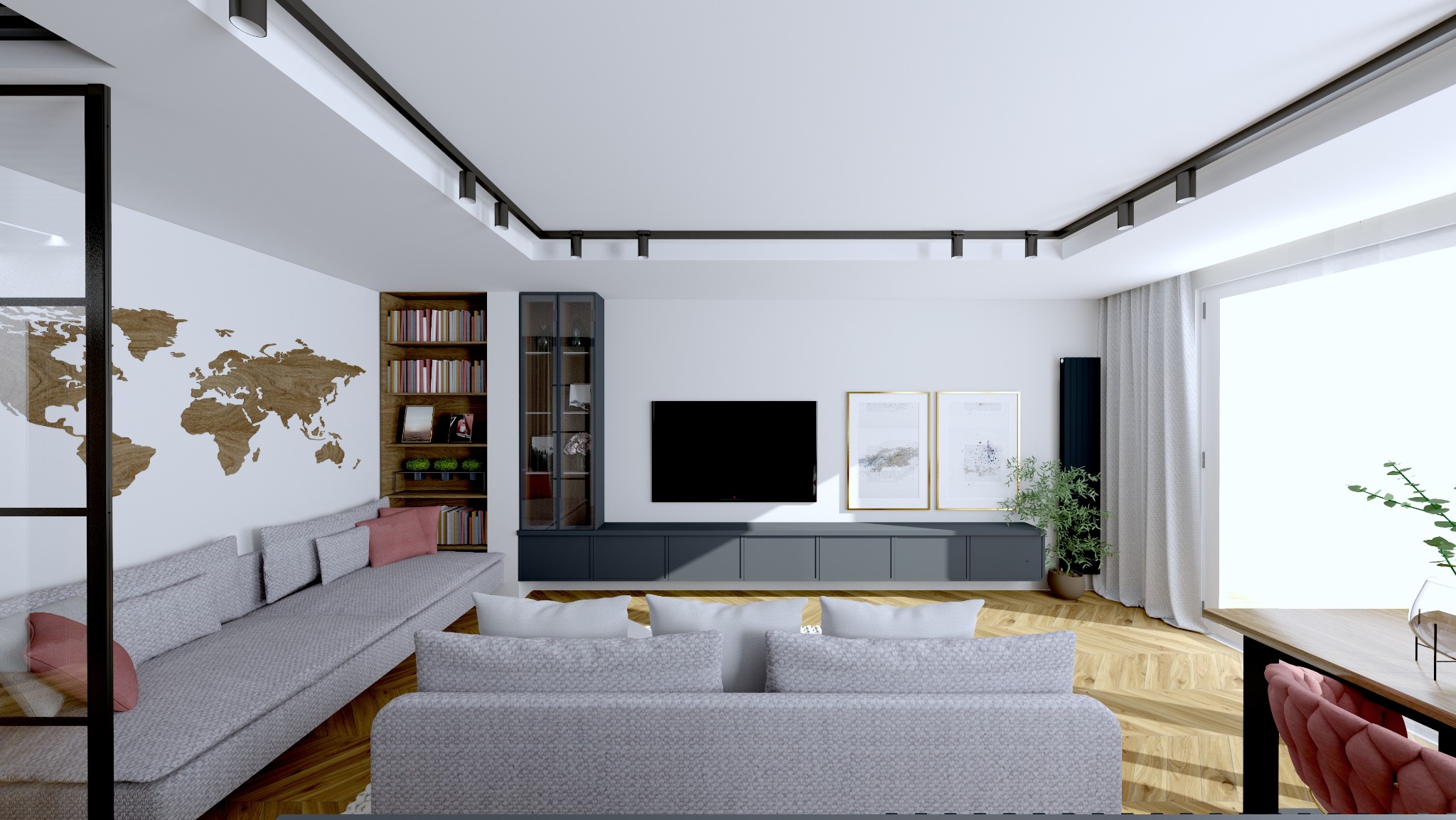Jasne wnętrze salonu z szarą sofą, drewnianą mapą świata na ścianie, regałem z książkami i szafką RTV pod telewizorem. Minimalistyczny design z akcentami roślinnymi.