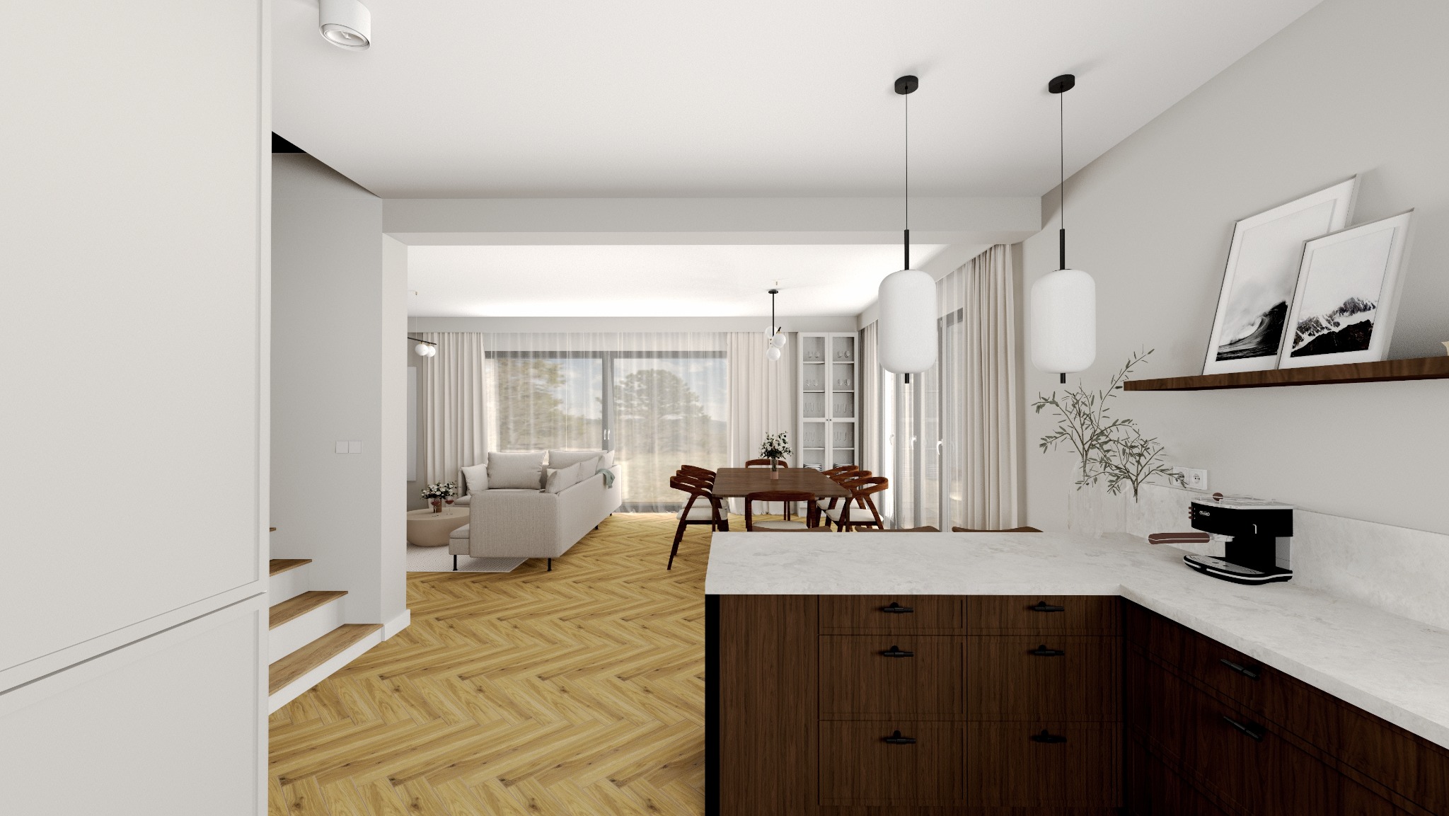 Nowoczesne wnętrze domu: salon z sofą, jadalnia z drewnianym stołem i krzesłami, kuchnia z ciemnymi szafkami i białym blatem. Minimalistyczny design, jasne kolory, parkiet w jodełkę.