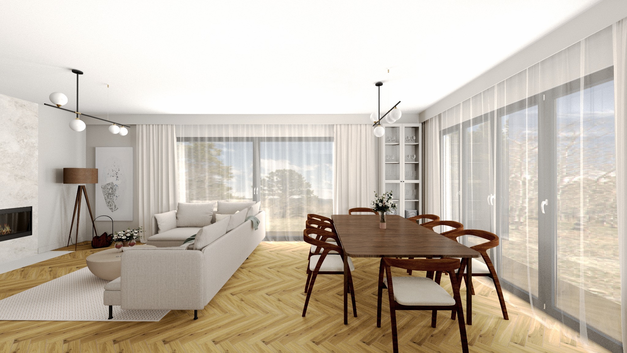 Jasne wnętrze z parkietem w jodełkę: sofa, stół z krzesłami, kominek i duże okna z widokiem na zieleń. Minimalistyczny design, naturalne światło, ciepła kolorystyka.