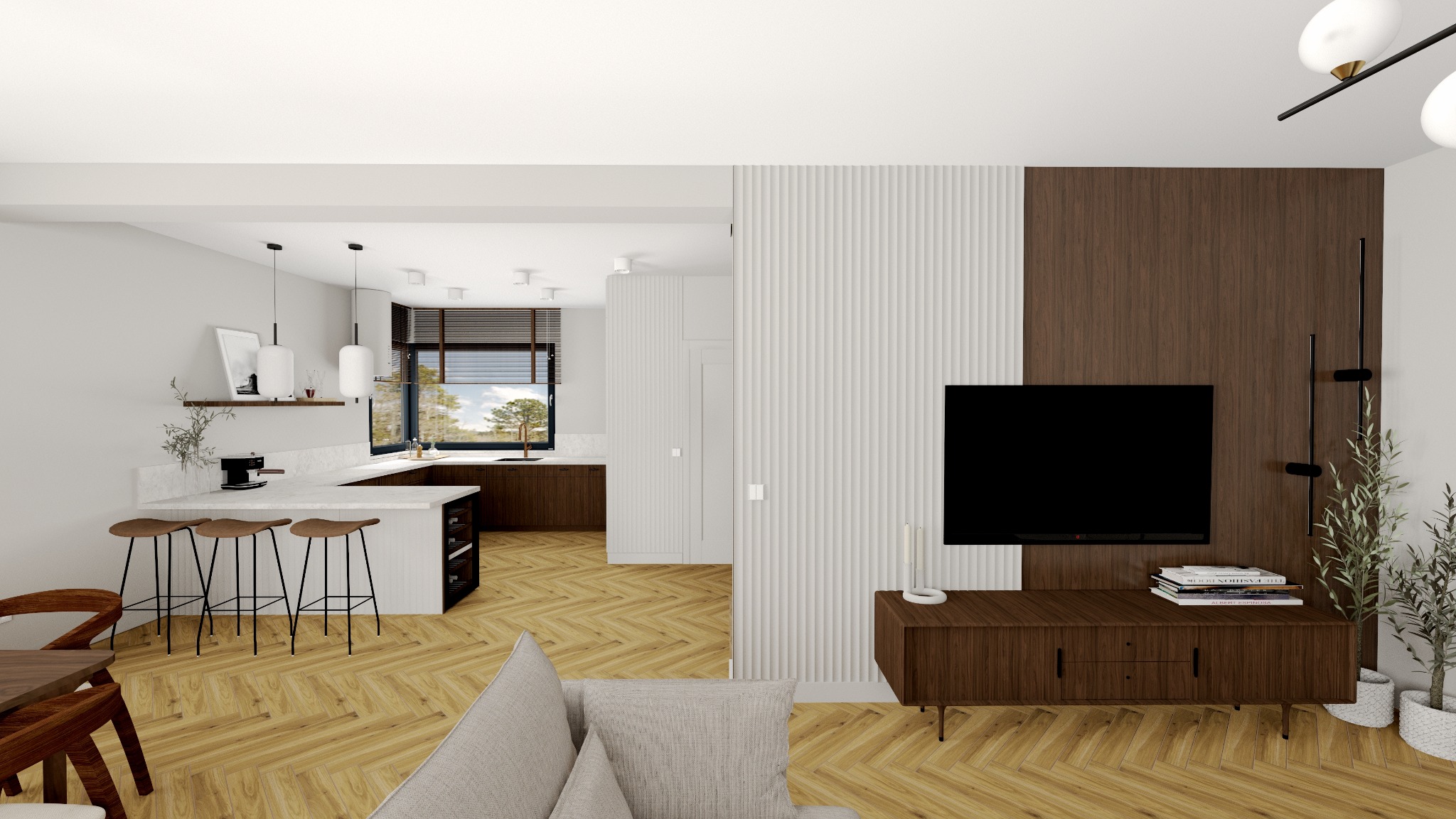 Nowoczesne wnętrze: salon z aneksem kuchennym, drewniana podłoga w jodełkę, telewizor na tle panelu dekoracyjnego, minimalistyczne oświetlenie i rośliny doniczkowe.