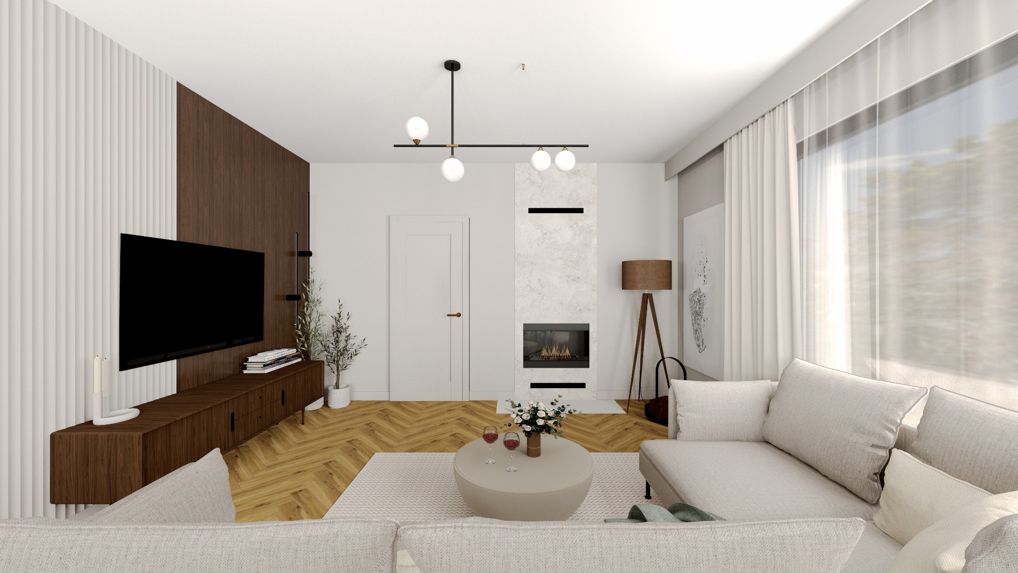 Nowoczesny salon z parkietem w jodełkę, kominkiem obudowanym marmurem i telewizorem na tle paneli ściennych. Minimalistyczny design, ciepłe oświetlenie, sofa w odcieniach beżu.