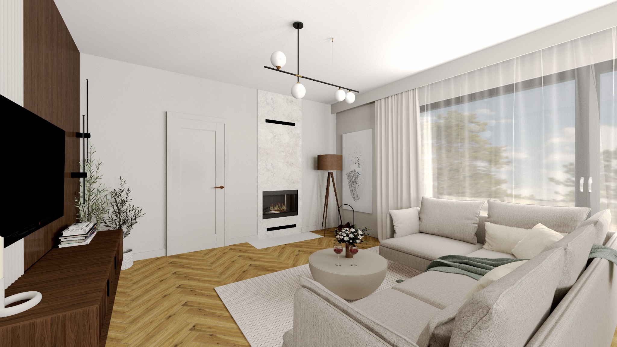 Jasny salon z kominkiem obłożonym marmurem, drewnianą podłogą w jodełkę i beżową sofą. Nowoczesne oświetlenie i minimalistyczny wystrój tworzą przytulną przestrzeń.