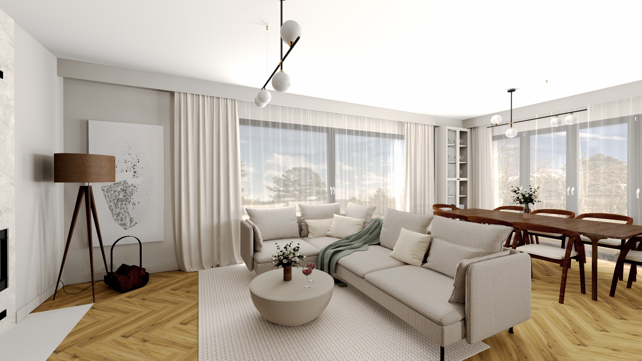 Jasne wnętrze salonu z jadalnią: beżowa sofa, okrągły stolik kawowy z kwiatami, drewniany stół z krzesłami, duże okna z widokiem na zieleń, parkiet w jodełkę.