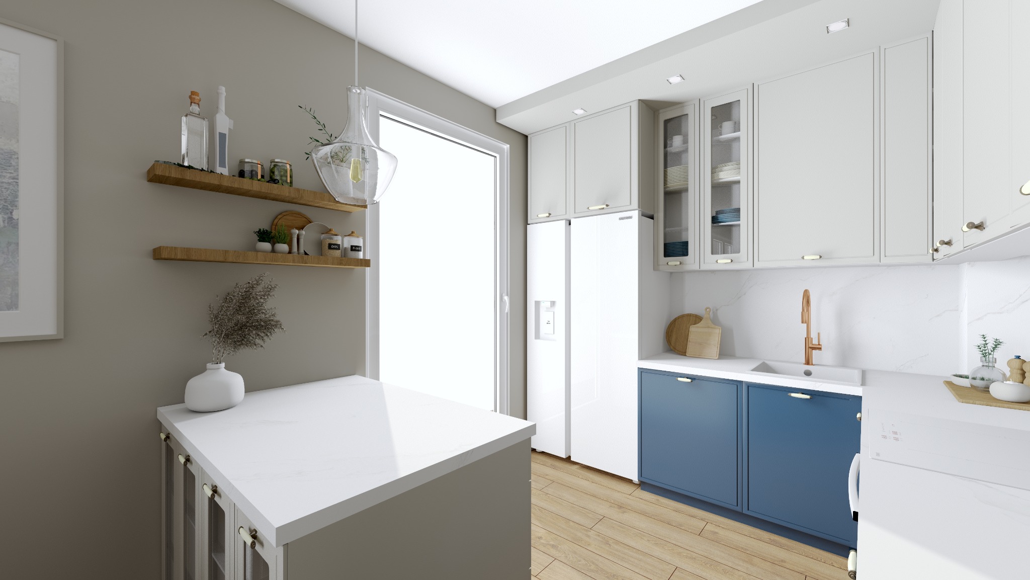 Jasna kuchnia z drewnianymi półkami, białymi szafkami i niebieskimi akcentami. Nowoczesny design z wyspą i dużym oknem. Minimalistyczny styl.