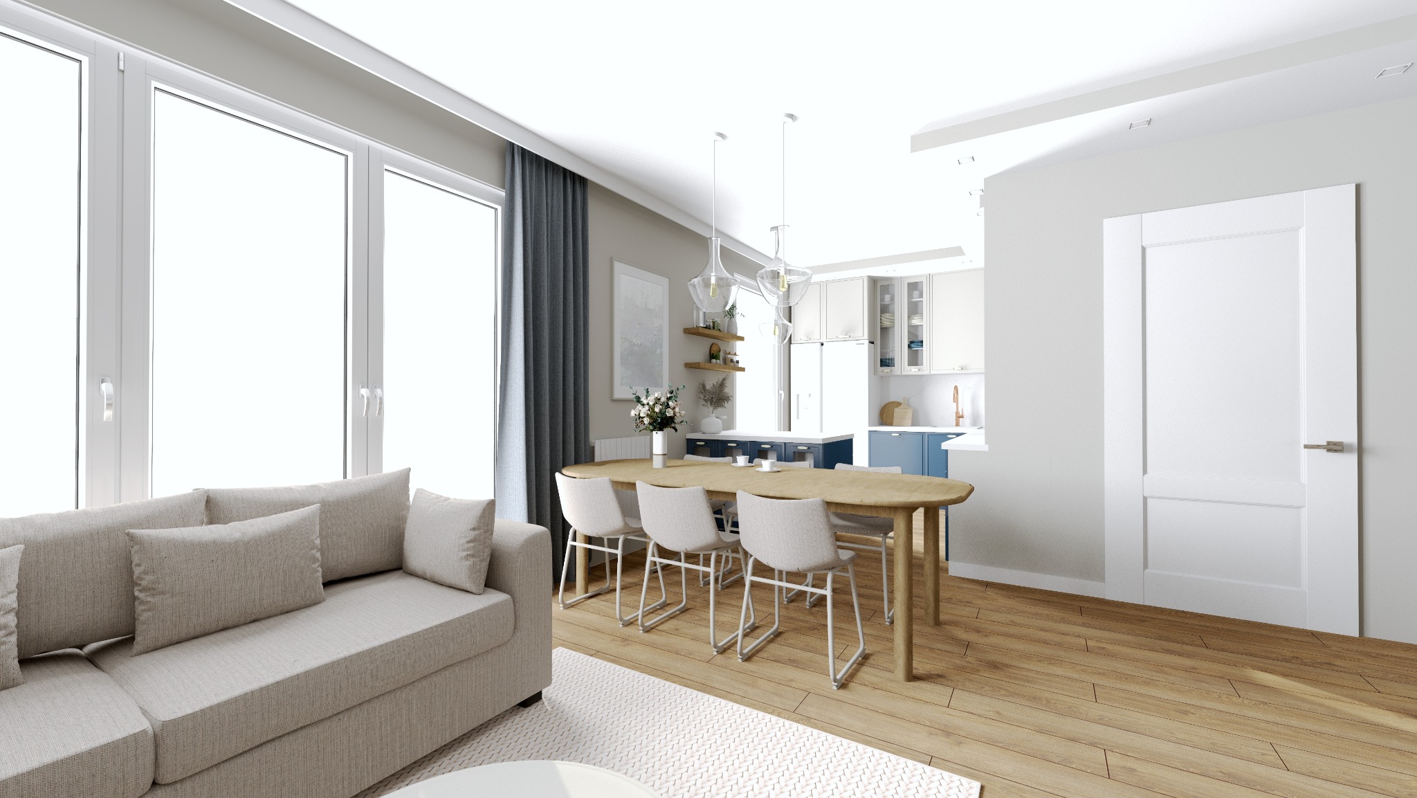 Jasne wnętrze z sofą i stołem jadalnym, widok na kuchnię. Nowoczesny design w Gdańsku, duże okna, drewniana podłoga i minimalistyczne dodatki.