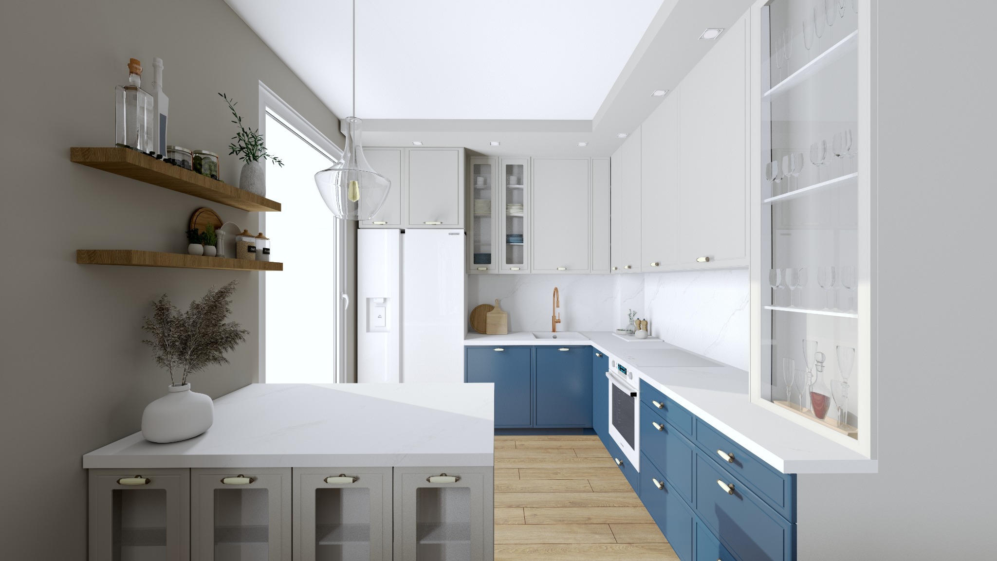 Nowoczesna kuchnia z niebieskimi szafkami, białymi blatami i drewnianą podłogą. Na ścianie drewniane półki z dekoracjami. Nad blatem wisi lampa.