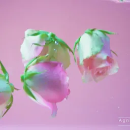 Trzy różowe róże zanurzone w wodzie o różowym zabarwieniu, z widocznymi pęcherzykami powietrza i delikatnymi zielonymi akcentami na płatkach.