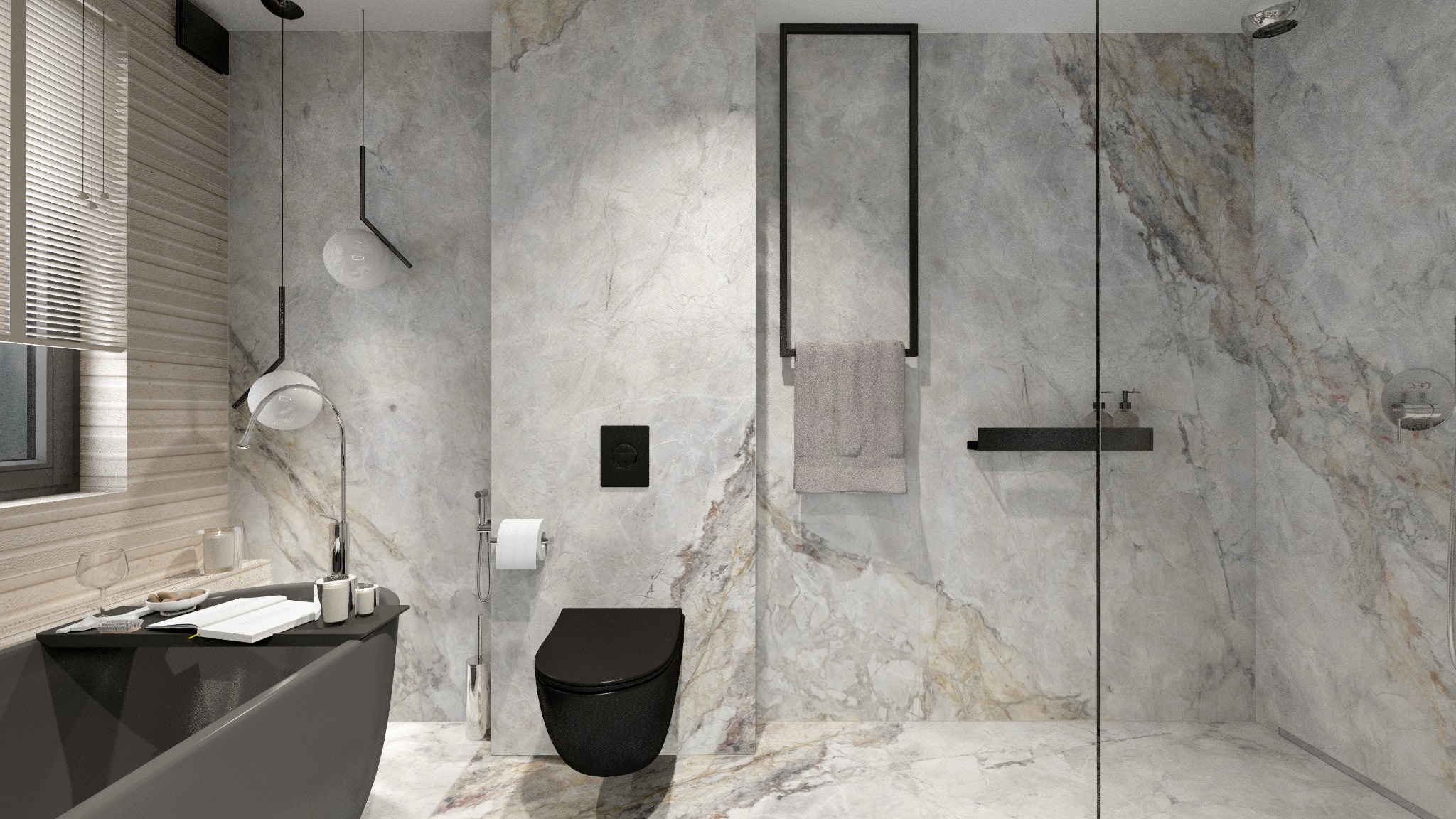 Łazienka z Płytką Wielkoformatową Wanna, Prysznic