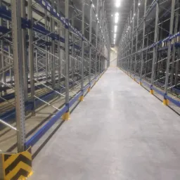 Długi korytarz między rzędami metalowych regałów magazynowych z niebieskimi poprzeczkami i żółtymi osłonami słupów, widok z perspektywy podłogi w głąb magazynu.