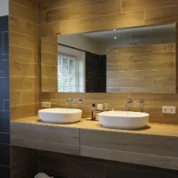 Nowoczesna łazienka z dwoma okrągłymi umywalkami nablatowymi, drewnianą zabudową szafek pod umywalkami i lustrem bez ramy, drewnopodobne płytki na ścianach zestawione z ciemnymi płytkami.