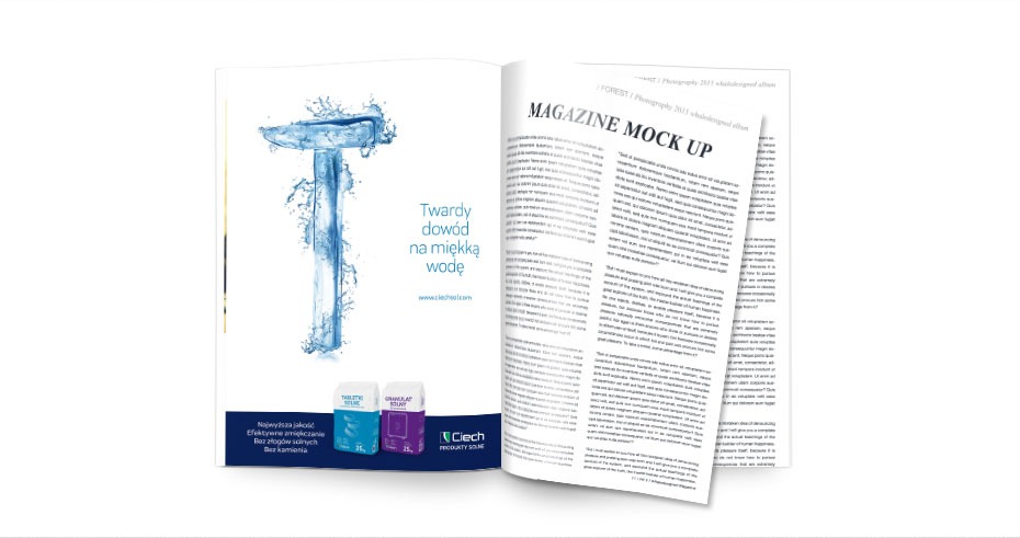 Otwarty magazyn z mock-upem reklamy produktów Ciech: litera T uformowana z wody, hasło 'Twardy dowód na miękką wodę' oraz opakowania tabletek i granulatu solnego.