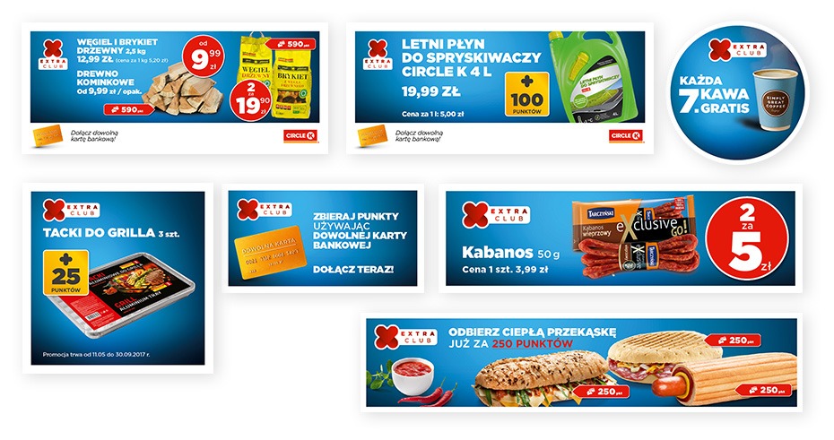 Zestaw reklam z promocjami na produkty spożywcze i akcesoria do grilla, w tym węgiel, brykiet, tacki do grilla, kabanosy, płyn do spryskiwaczy, kawa i przekąski, oferowane w ramach programu...