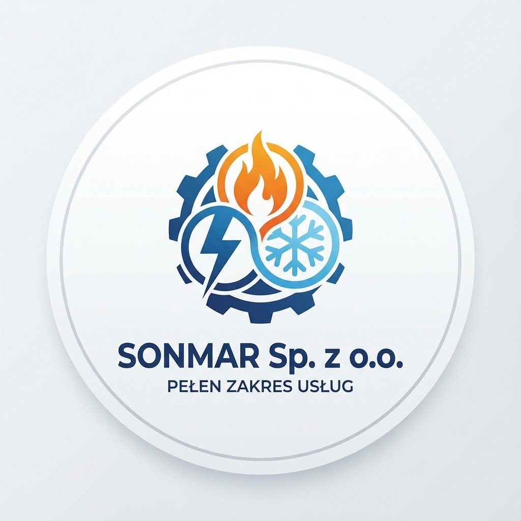 Logo firmy SONMAR Sp. z o.o. z symbolem płomienia, błyskawicy i śnieżynki wewnątrz koła zębatego, oznaczające pełen zakres usług.
