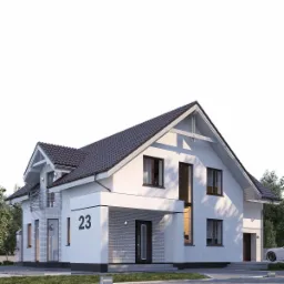 Wizualizacja dwukondygnacyjnego domu jednorodzinnego z białymi ścianami, ciemną dachówką i numerem 23, ukazująca efekt ocieplenia elewacji.