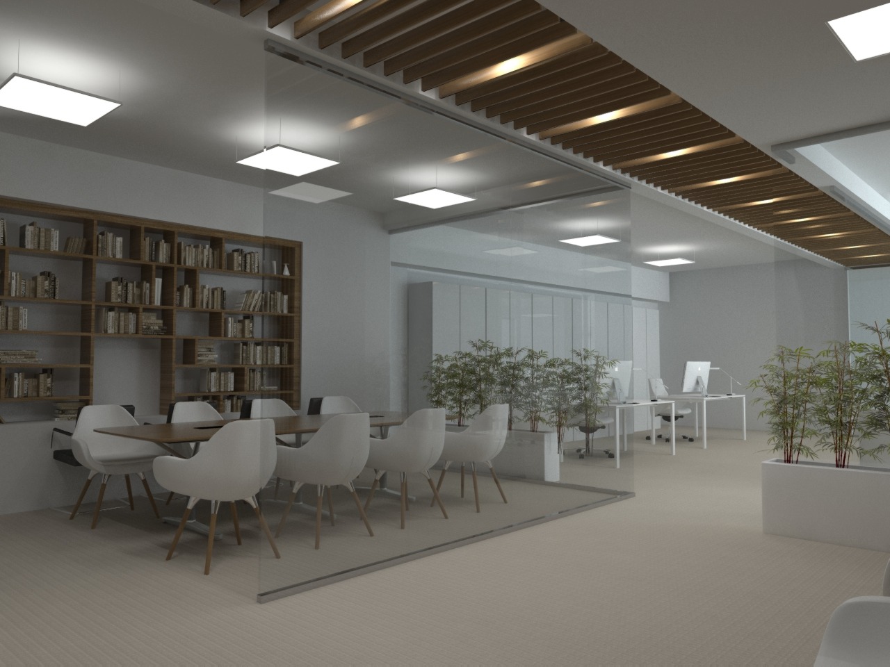 Nowoczesne biuro w Warszawie z przeszkloną salą konferencyjną, drewnianym regałem z książkami i roślinami w donicach.