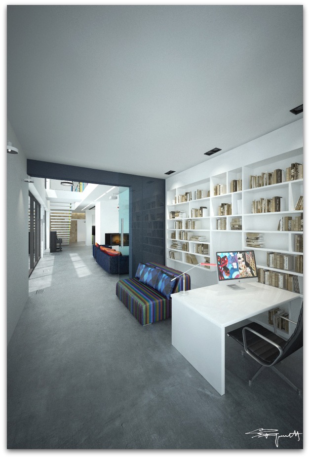 Wnętrze przestronnego apartamentu z biurkiem, regałem z książkami, kolorową sofą i widokiem na dalszą część mieszkania przez szklane drzwi.