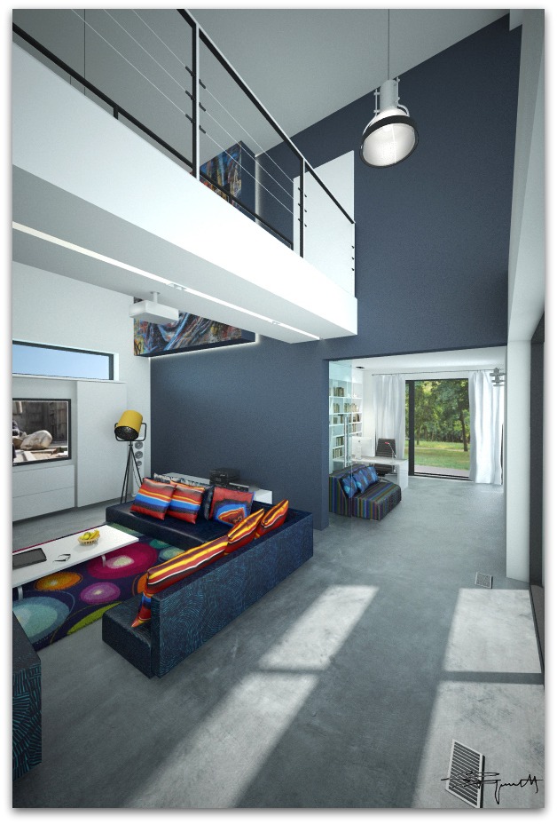 Wysokie wnętrze z antresolą, szarą ścianą, kolorową sofą narożną i dywanem w okręgi, z widokiem na ogród przez szklane drzwi.