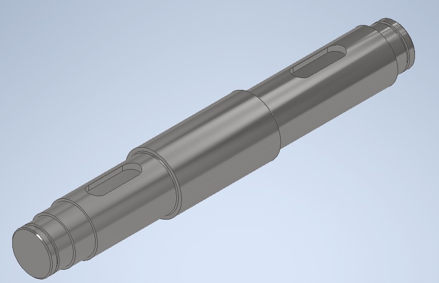 Model 3D wału z dwoma podłużnymi otworami, widok izometryczny na jasnym tle.