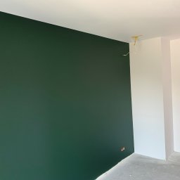 Firma Ogólnobudowlana Orzeł-Bud - Świeżo pomalowana ściana na ciemnozielony kolor w narożniku pokoju, widoczne gniazdka elektryczne, biała ściana obok i drabina malarska z boku.