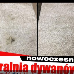 Nowoczesna Pralnia Dywanów - Zdjęcie typu 'przed i po' przedstawia kremowy dywan: po lewej stronie widoczne są ciemne plamy i zabrudzenia, po prawej dywan jest czysty i odświeżony. W dolnej części widoczny fragment reklamy firmy.