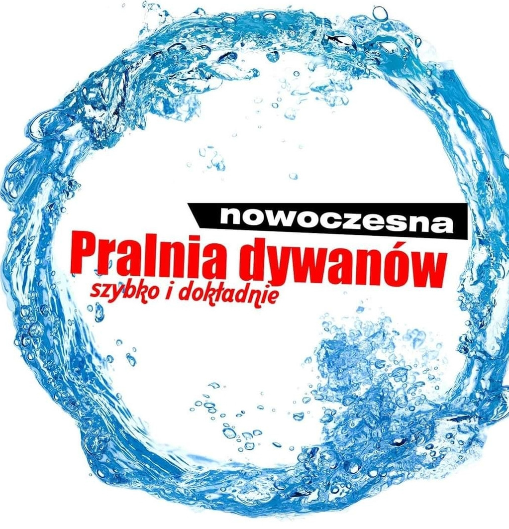 Logo firmy oferującej nowoczesne i dokładne czyszczenie dywanów, otoczone wirującą wodą.