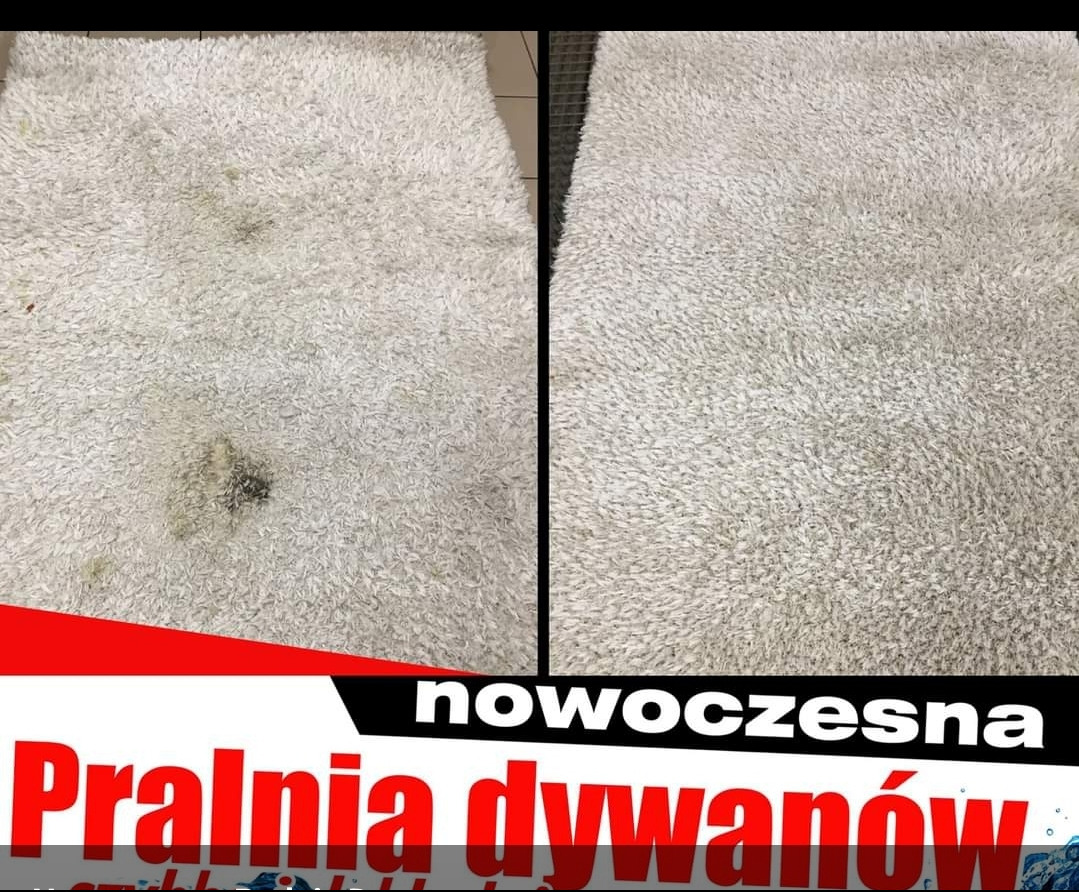 Zdjęcie typu 'przed i po' przedstawia kremowy dywan: po lewej stronie widoczne są ciemne plamy i zabrudzenia, po prawej dywan jest czysty i odświeżony. W dolnej części widoczny fragment reklamy firmy.