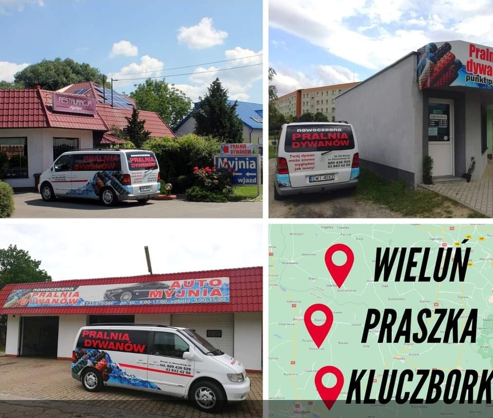 Zestawienie czterech zdjęć: budynki pralni dywanów z reklamami na zewnątrz i firmowy bus z logo, oraz mapa z lokalizacjami usług w Wieluniu, Praszce i Kluczborku.