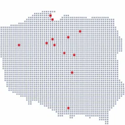 Mapa Polski utworzona z szarych kwadratów z zaznaczonymi czerwonymi kwadratami lokalizacjami.