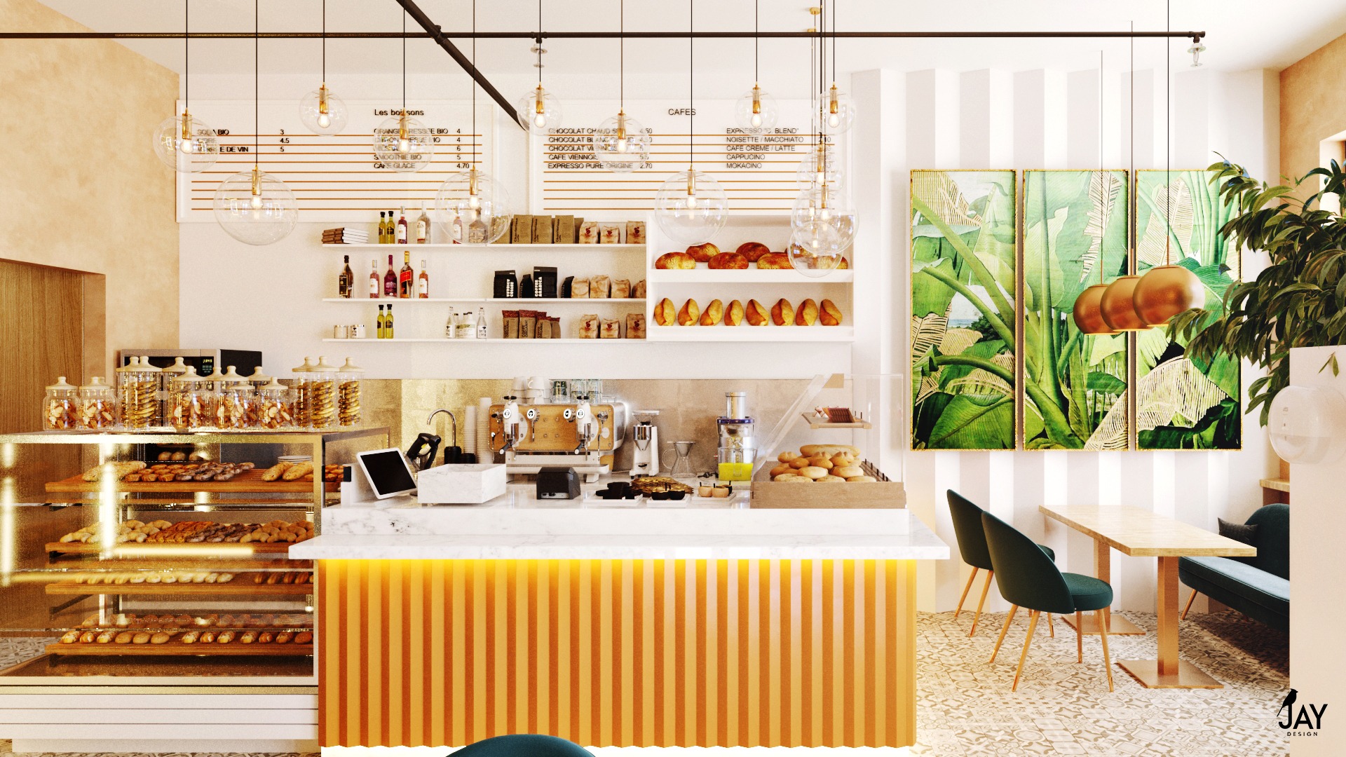 Wnętrze kawiarni z ladą barową oświetloną ciepłym światłem, ekspozycją ciast i pieczywa, menu na ścianie oraz roślinnym tryptykiem i wiszącymi lampami w tle.