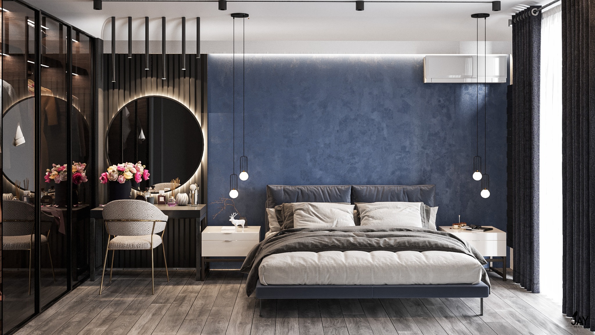 Nowoczesna sypialnia z łóżkiem na niskiej ramie, niebieską ścianą z fakturą, toaletką z okrągłym lustrem z podświetleniem LED, ciemnymi zasłonami i drewnianą podłogą.