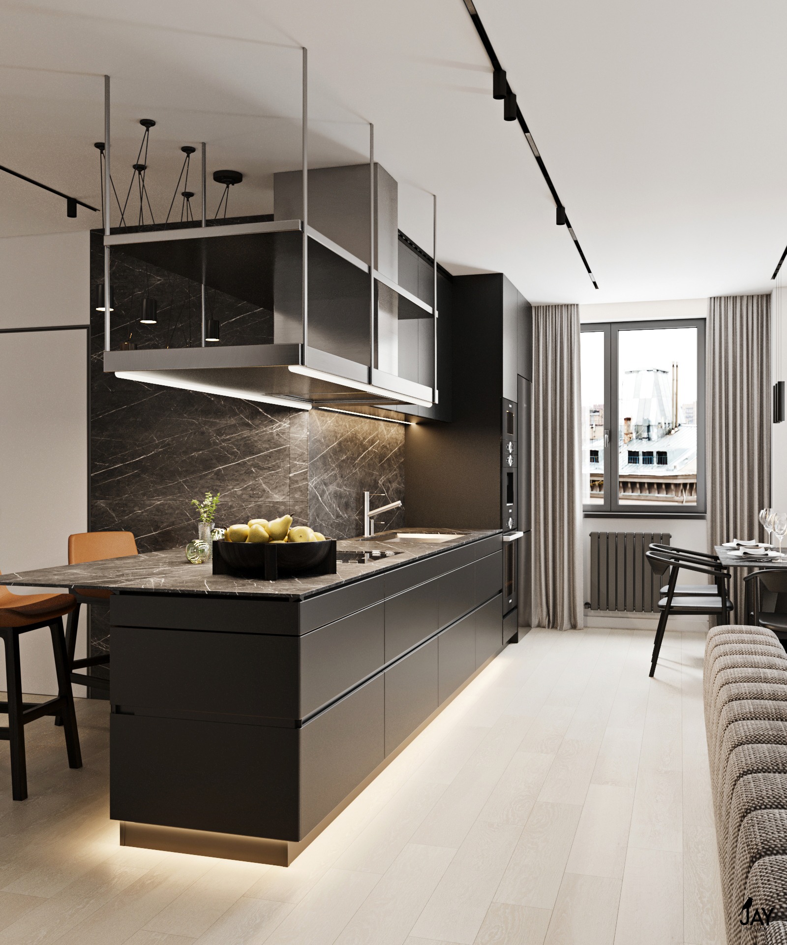 Nowoczesna, czarna kuchnia z marmurowym blatem i ścianą, oświetleniem LED pod szafkami, owocami w misie i widokiem na miasto za oknem.