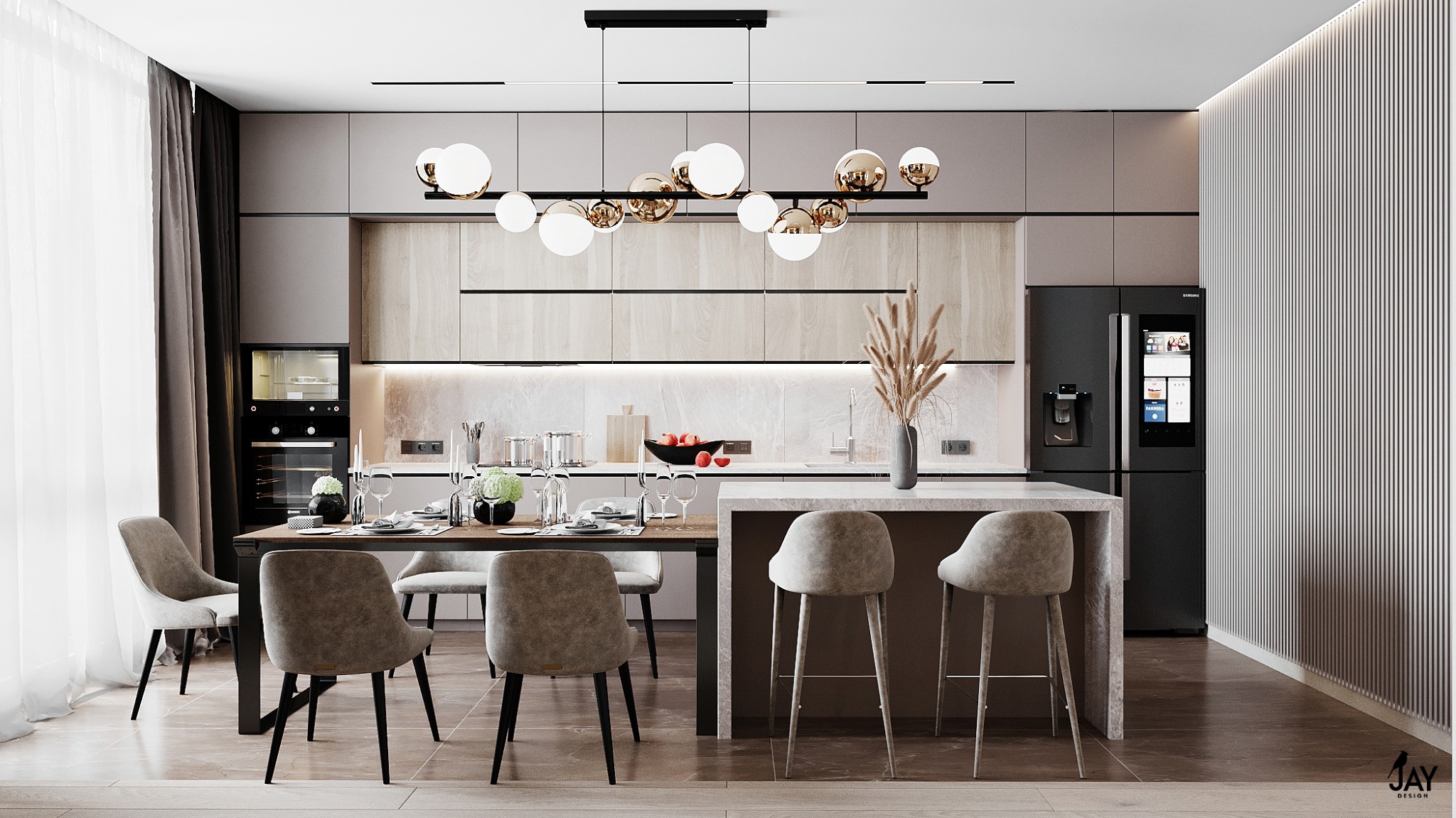 Nowoczesna kuchnia z jadalnią: beżowe szafki, wyspa z hokerami, stół z nakryciem, designerska lampa sufitowa z kulami, czarna lodówka z ekranem dotykowym.