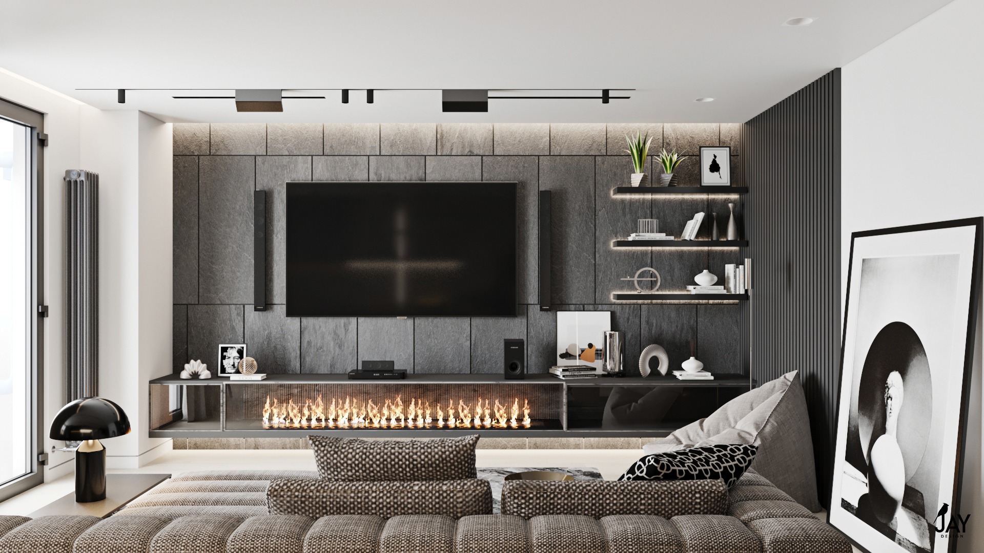 Nowoczesny salon z szarymi ścianami z kamienia, podświetlonym kominkiem elektrycznym, telewizorem, półkami z dekoracjami i modułową sofą w odcieniach brązu i szarości.