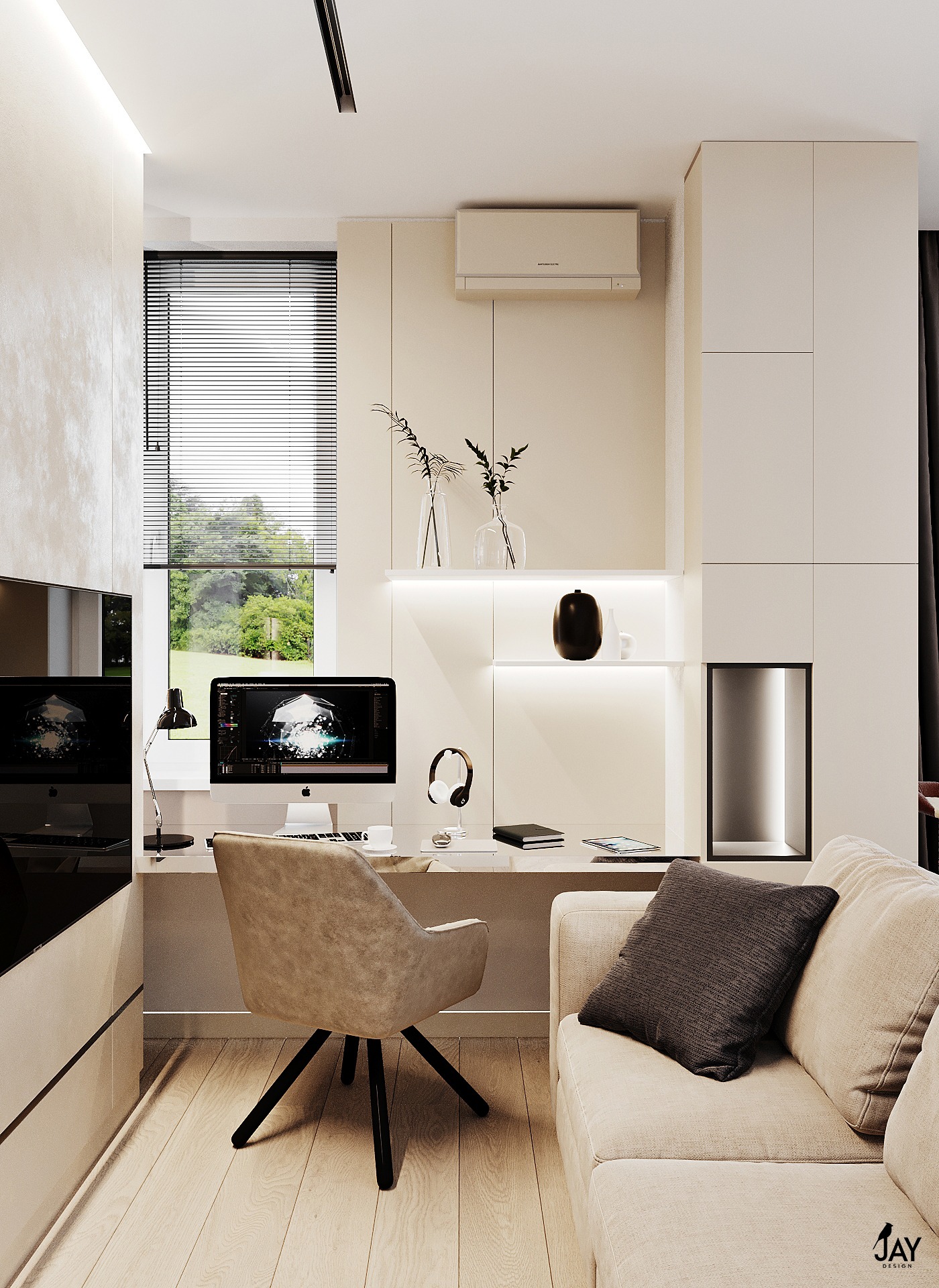 Nowoczesne biuro domowe z beżowymi ścianami, biurkiem z komputerem iMac, słuchawkami, lampką, krzesłem obrotowym i sofą z szarą poduszką, oświetlone listwami LED.