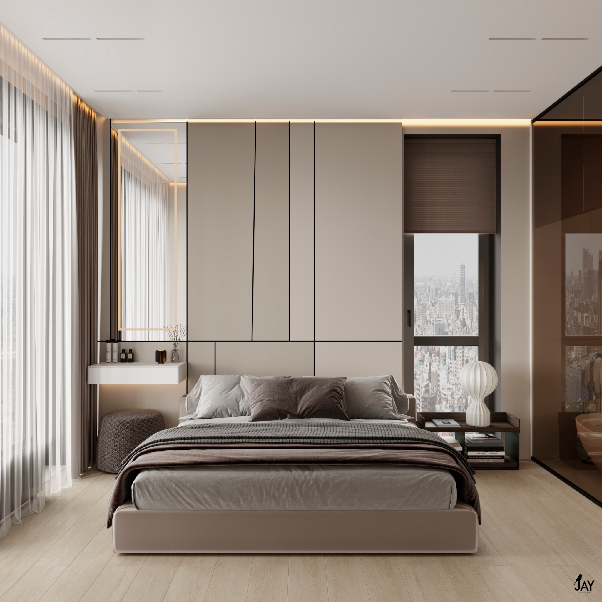 Nowoczesna sypialnia z łóżkiem w odcieniach beżu i brązu, z widokiem na miasto przez okno z żaluzjami, oświetleniem LED wzdłuż ścian i garderoby, oraz toaletką z lustrem.