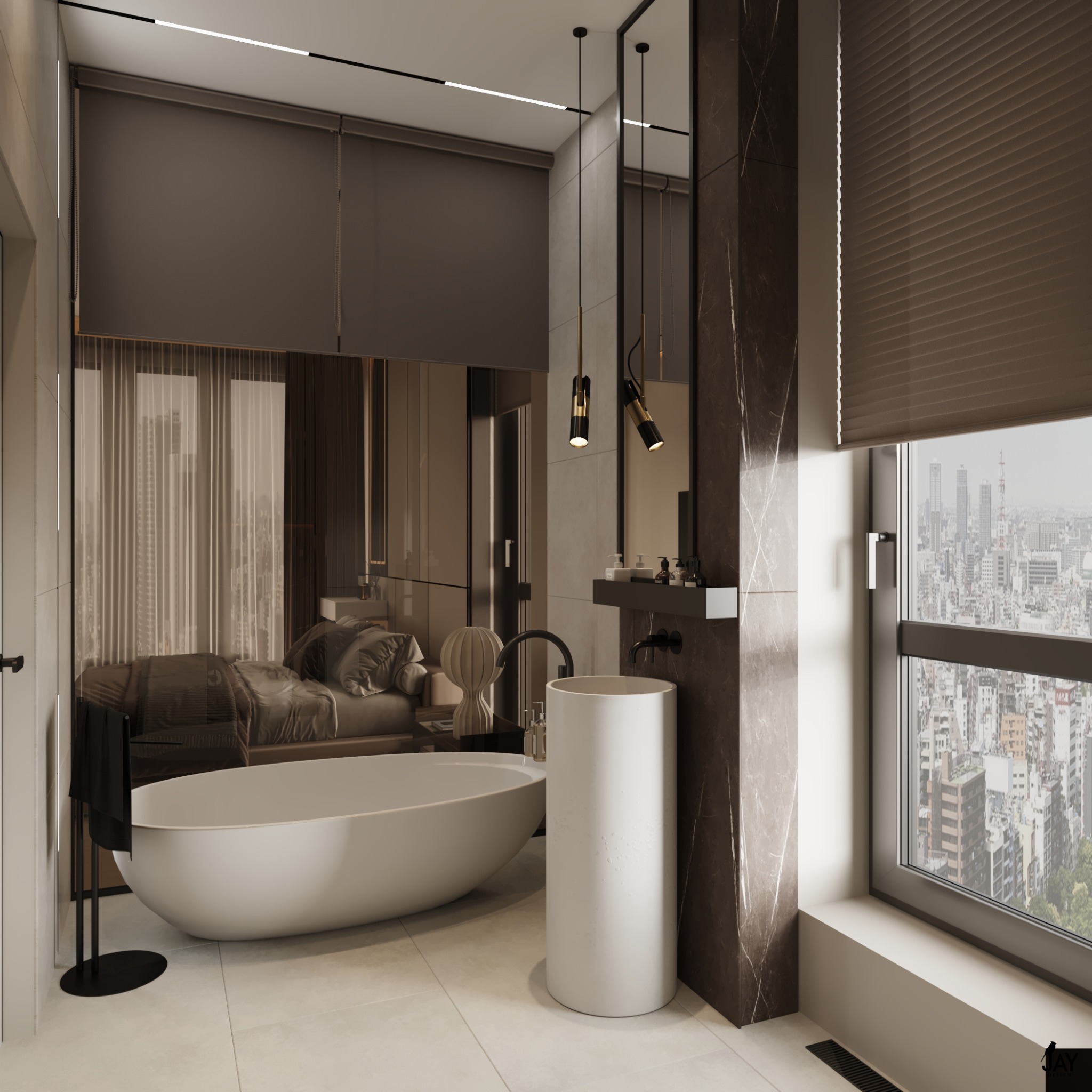 Nowoczesna łazienka z wolnostojącą wanną, umywalką cylindryczną i widokiem na miasto przez okno z roletami.
