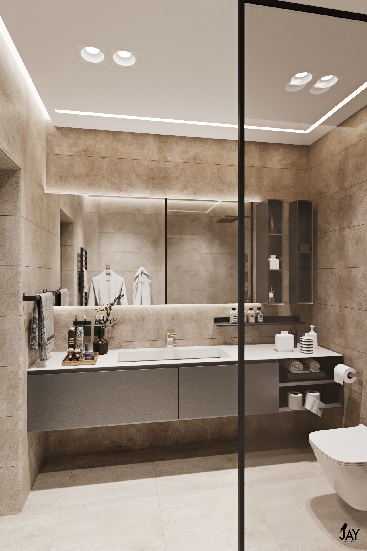 Nowoczesna łazienka z beżowymi płytkami, szarą szafką pod umywalką, lustrem z podświetleniem LED, szklaną kabiną prysznicową i minimalistyczną toaletą.