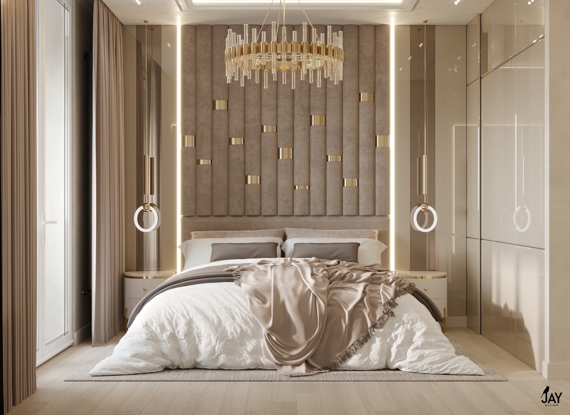 Nowoczesna sypialnia w beżowej tonacji z tapicerowanym wezgłowiem, okrągłymi lampami wiszącymi i dekoracyjnym żyrandolem nad łóżkiem przykrytym białą pościelą i beżowym pledem.