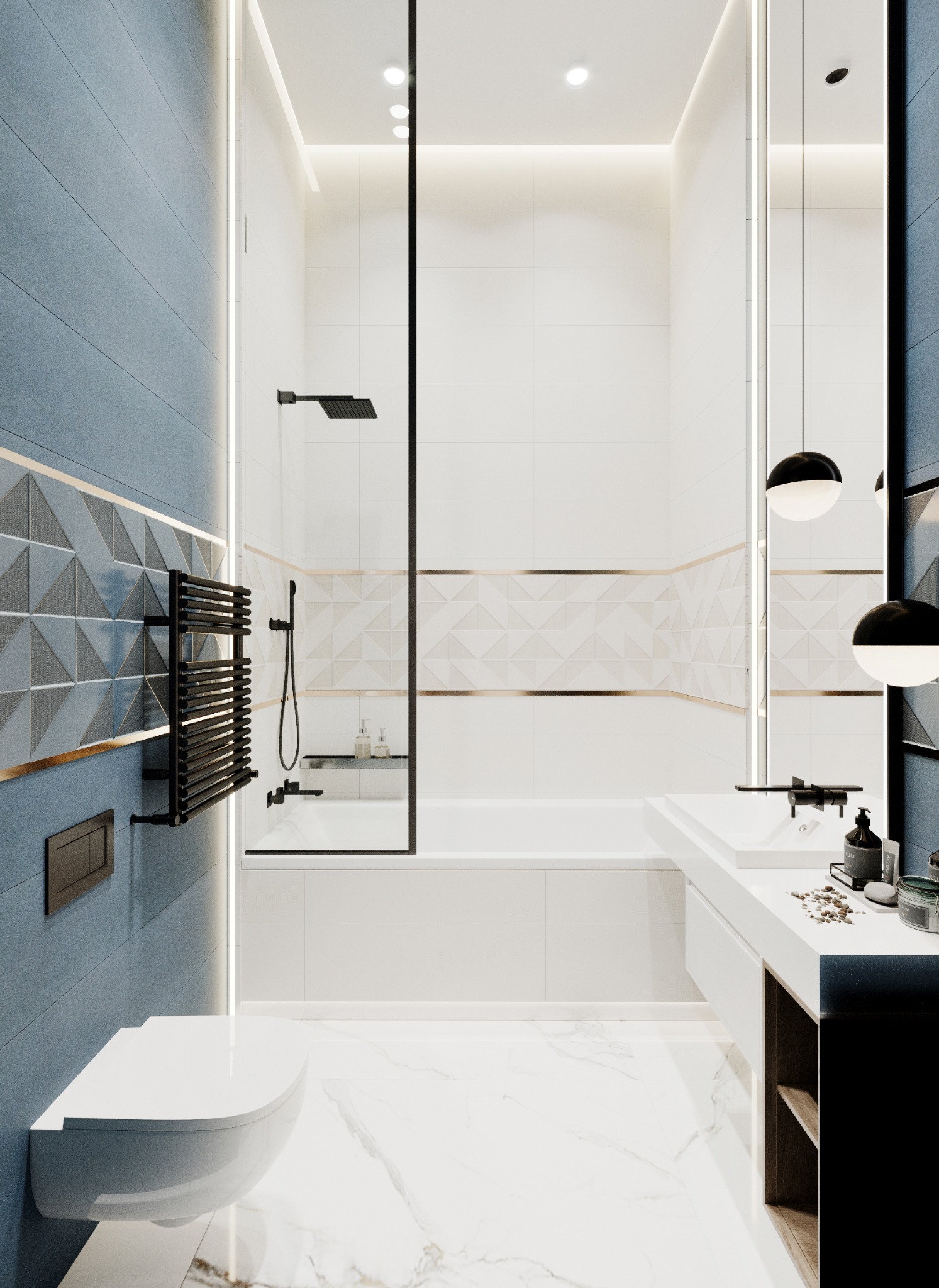 Nowoczesna łazienka z niebiesko-białymi płytkami, czarnym grzejnikiem drabinkowym, wiszącą toaletą i umywalką nablatową z czarnymi akcentami.