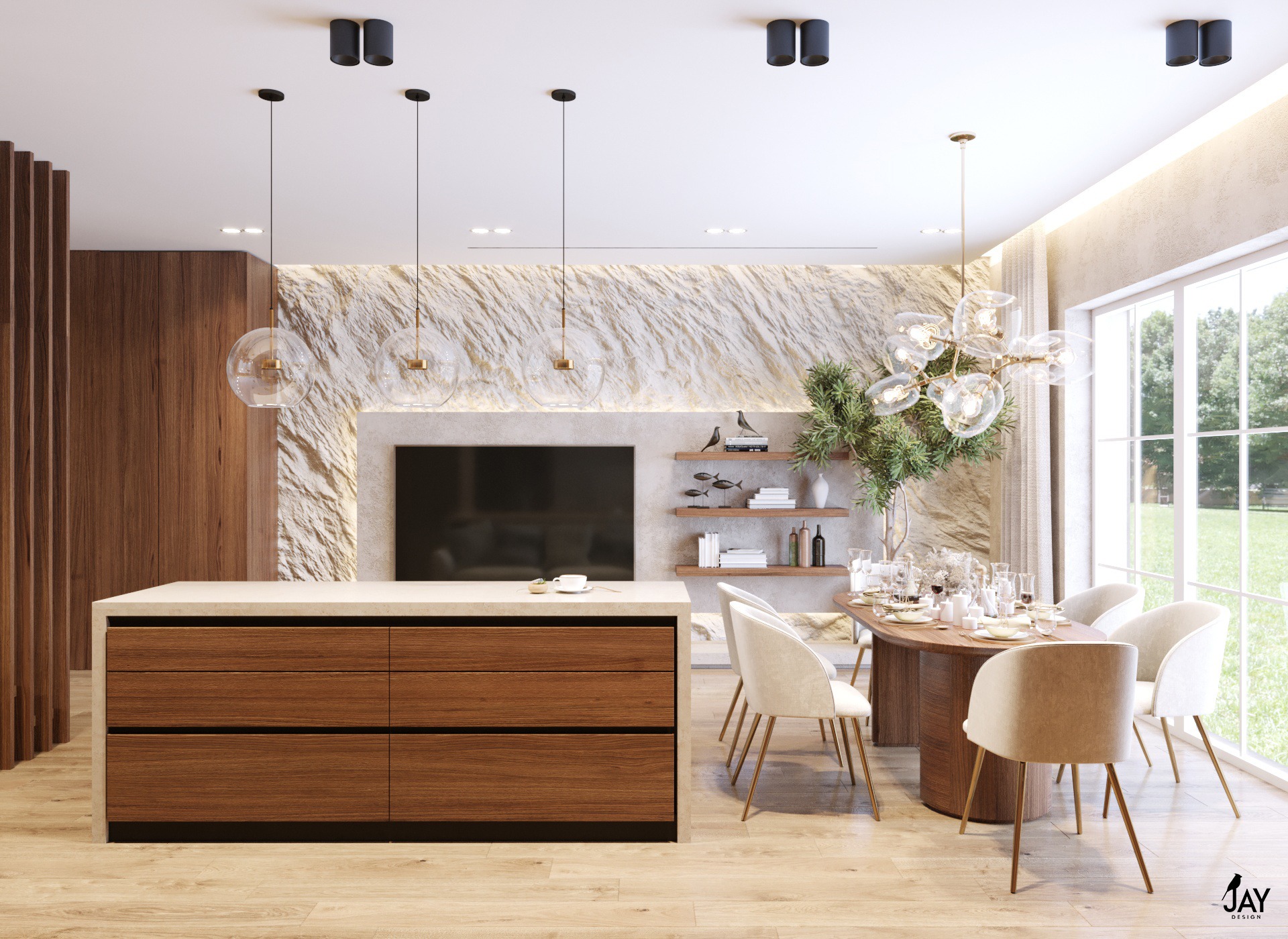 Nowoczesna jadalnia z drewnianą wyspą kuchenną i stołem, oświetlona wiszącymi lampami i designerskim żyrandolem, z widokiem na ogród przez duże okno.