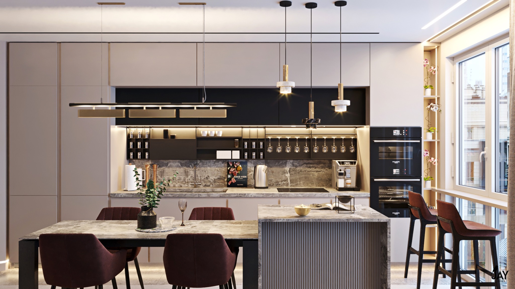 Nowoczesna aranżacja kuchni z wyspą w Warszawie, oświetlona wiszącymi lampami i listwami LED, z blatem imitującym marmur i ciemnymi krzesłami barowymi przy oknie.