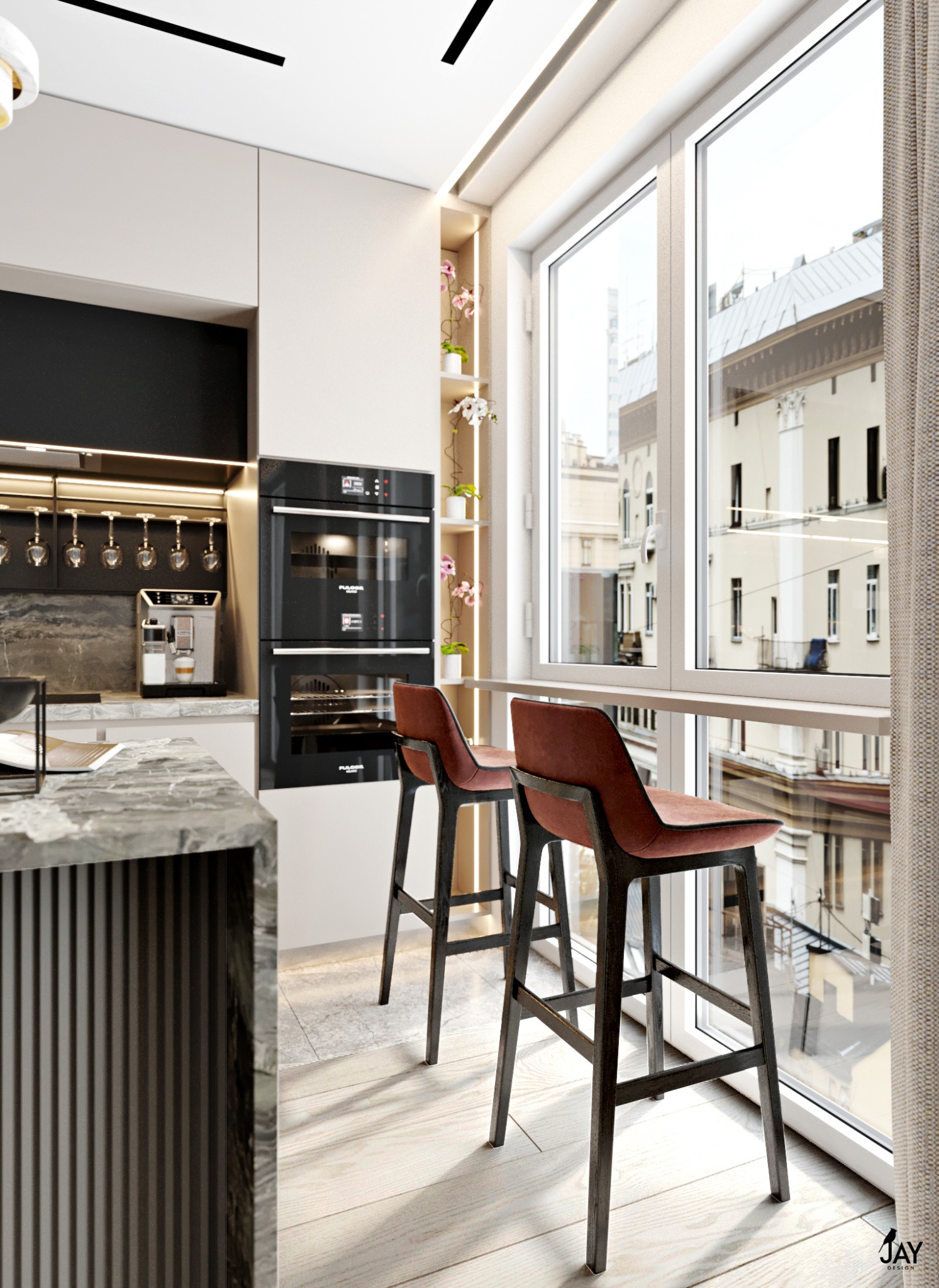 Nowoczesna kuchnia z wyspą, dwoma hokerami przy oknie z widokiem na miasto, ekspres do kawy i wbudowany piekarnik.