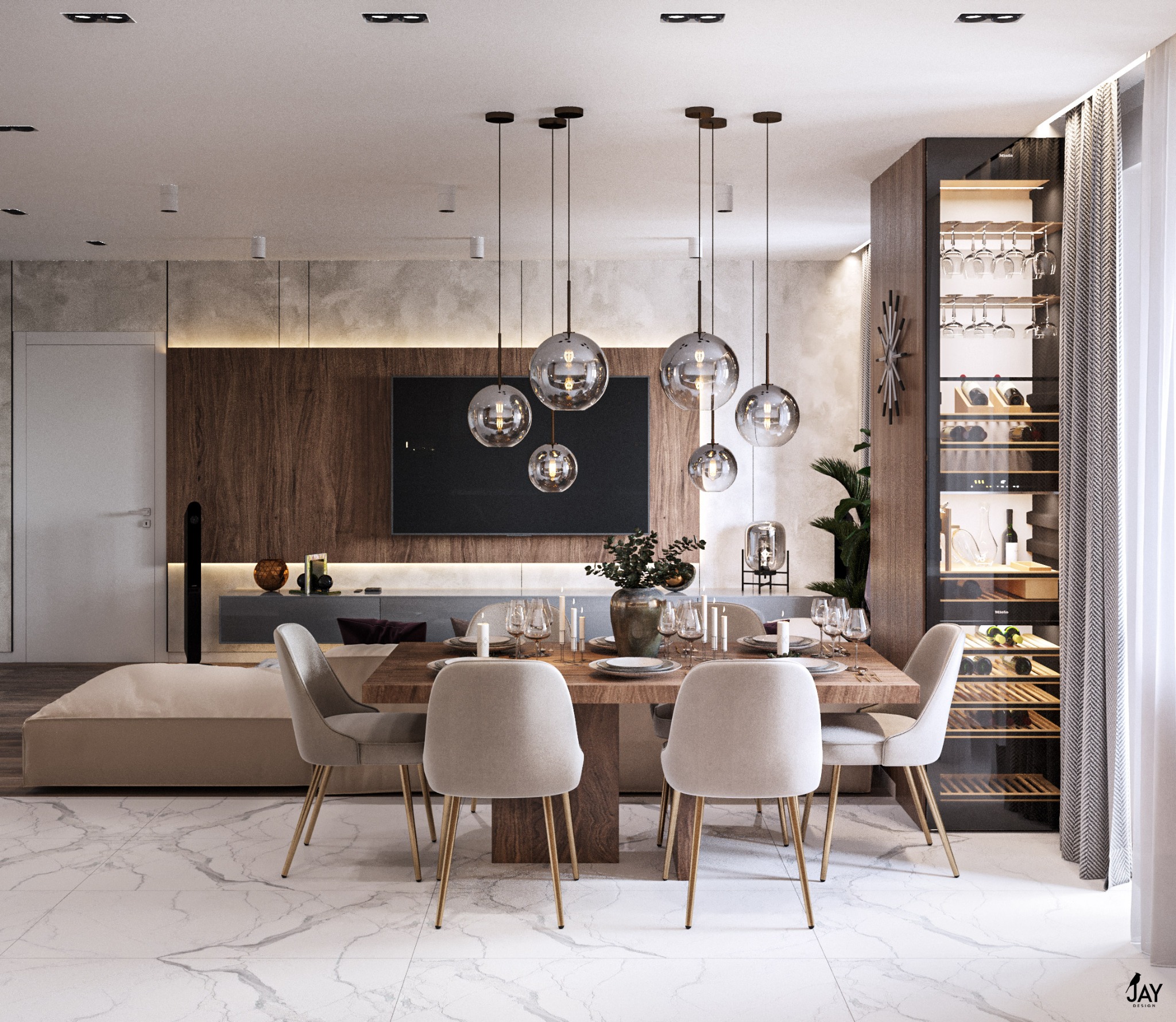 Nowoczesna jadalnia z drewnianym stołem, krzesłami na złotych nogach i szklanymi lampami wiszącymi, na tle ściany z telewizorem i barkiem z winami, oświetlona światłem dziennym.