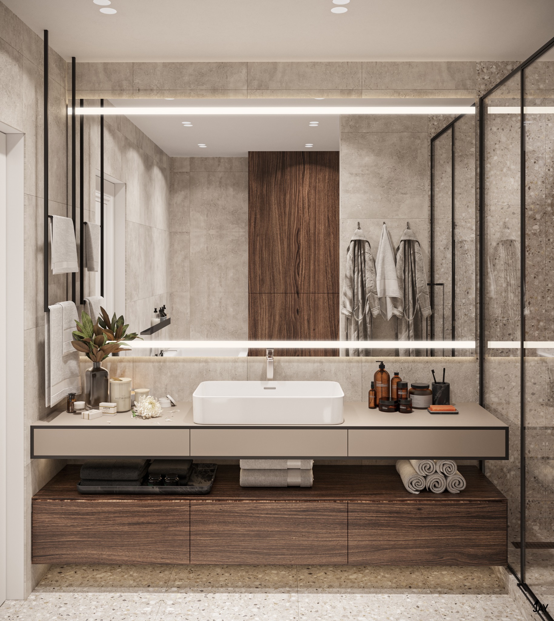 Nowoczesna łazienka z umywalką nablatową, podświetlanym lustrem, drewnianymi szafkami i szklaną kabiną prysznicową, utrzymana w stonowanej kolorystyce z akcentami brązu i beżu.