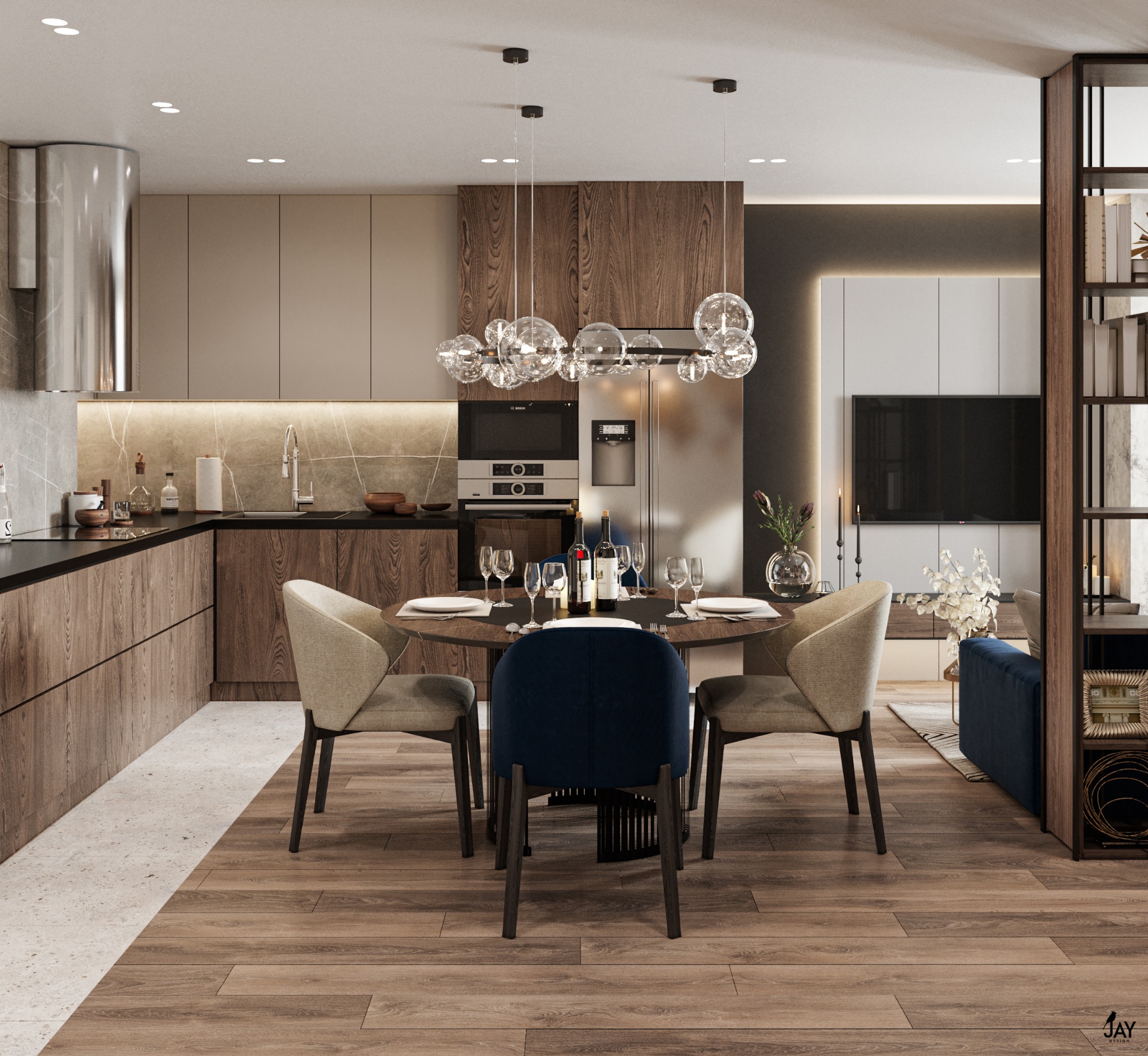 Wnętrze nowoczesnej jadalni z okrągłym stołem nakrytym do kolacji, otoczonego krzesłami tapicerowanymi w odcieniach beżu i granatu, z widokiem na minimalistyczną kuchnię i salon z regałem na książki.