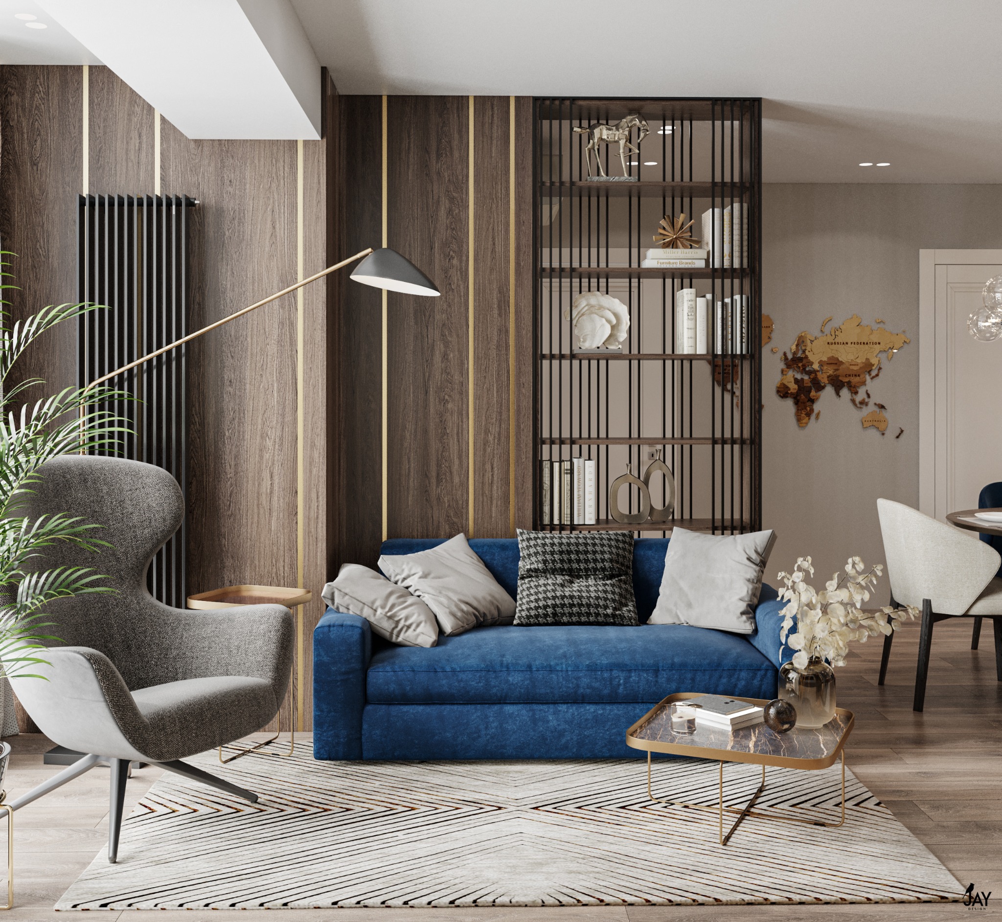 Nowoczesny salon z niebieską sofą, szarym fotelem z wysokim oparciem, drewnianą ścianą z pionowymi listwami i regałem z dekoracjami, uzupełniony lampą podłogową i wzorzystym dywanem.
