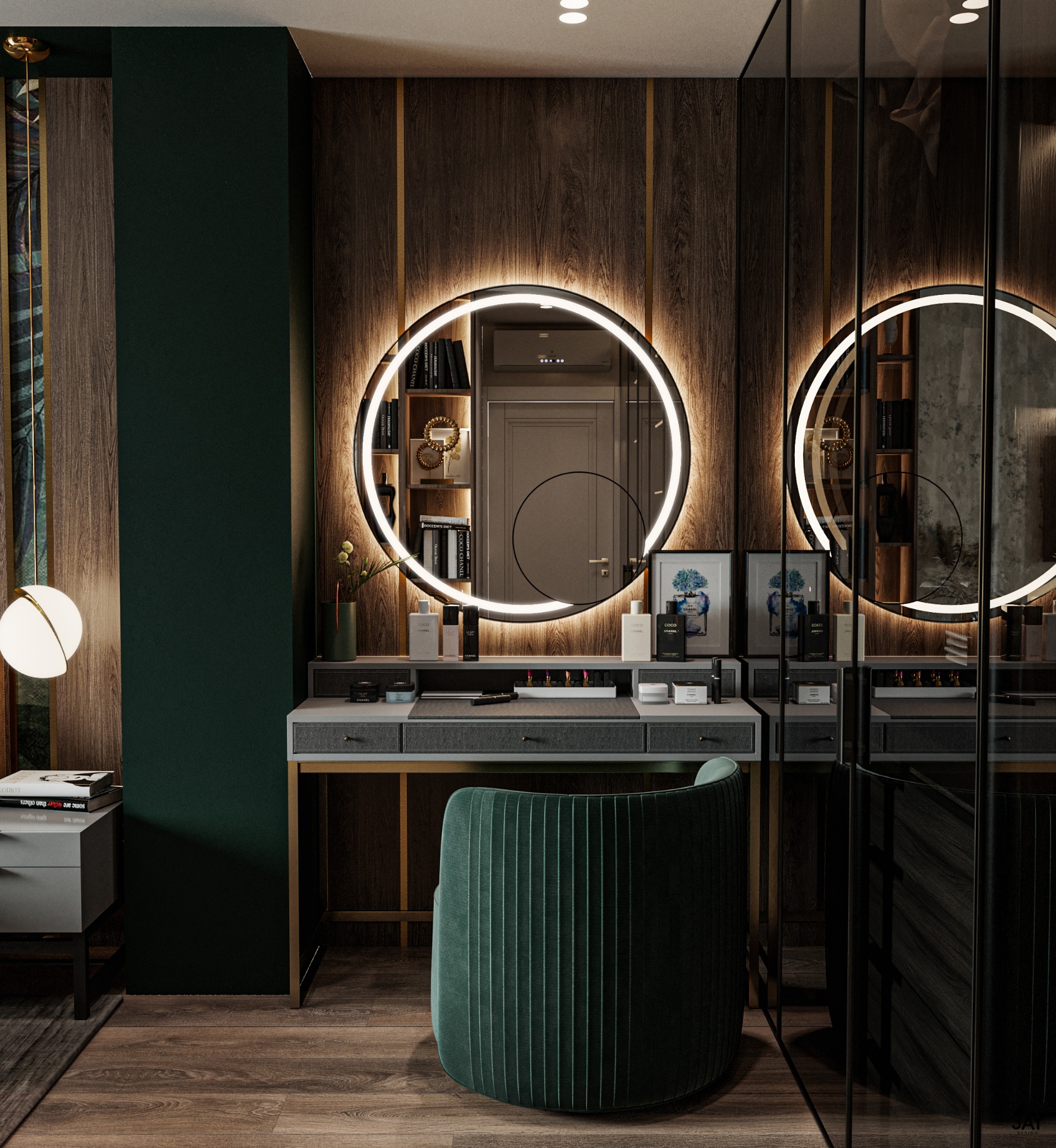 Elegancka toaletka z podświetlanym, okrągłym lustrem, zielonym welurowym krzesłem i kosmetykami Coco Chanel, na tle drewnianej ściany z złotymi akcentami w nowoczesnym wnętrzu.