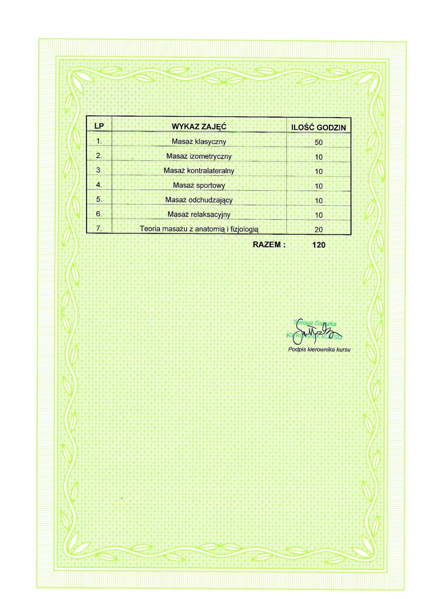 Certyfikat ukończenia kursu masażu, wyszczególniający rodzaje masażu i liczbę godzin, z podpisem kierownika kursu Tomasza Ganzki.