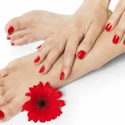 Dłonie i stopy z czerwonym lakierem do paznokci, ozdobione czerwoną gerberą na białym tle, prezentujące efekt po zabiegu.