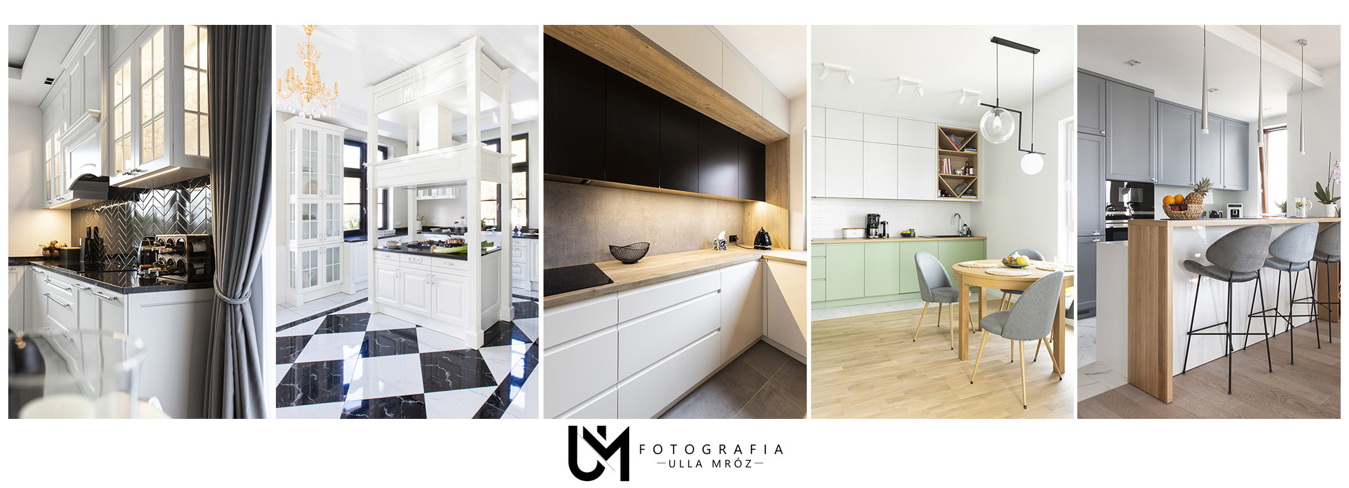 Kompozycja zdjęć przedstawiających różnorodne style kuchni: klasyczna biała z czarnym blatem i szarą zasłoną, kuchnia z wyspą na czarno-białej podłodze, nowoczesna z drewnianym blatem i czarnymi...